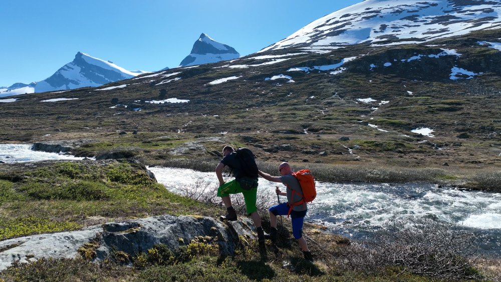 Håkon med ledsager i fjellandskap